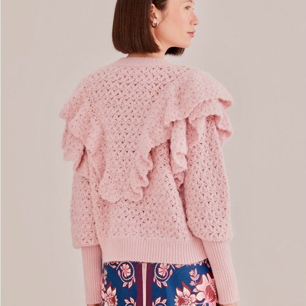 SOLD FARM Rio Pink Flower Texture Knit Cardigan Sweater Button Ruffle Size L - Picture 4 of 16